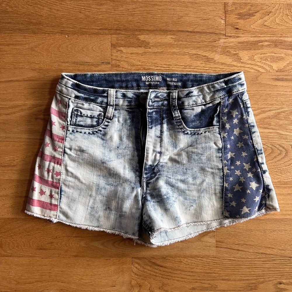 MOSSIMO HIGH RISE DISTRESS AMERICAN FLAG RED WHITE BLUE DENIM JEAN SHORTS
